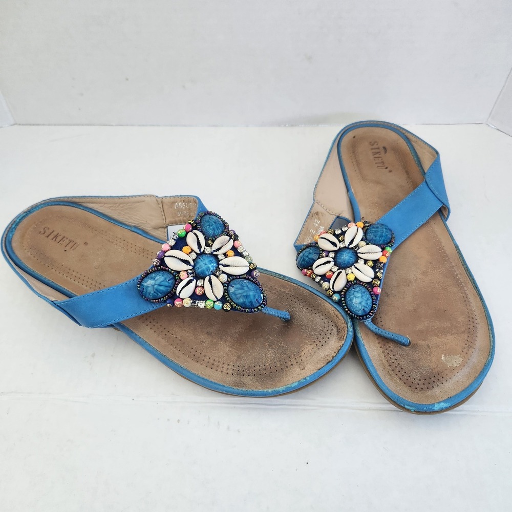 Siketu  Blue Cowrie Shell Beaded Boho Thong Sandals Flat Shoes Size 42 10.5